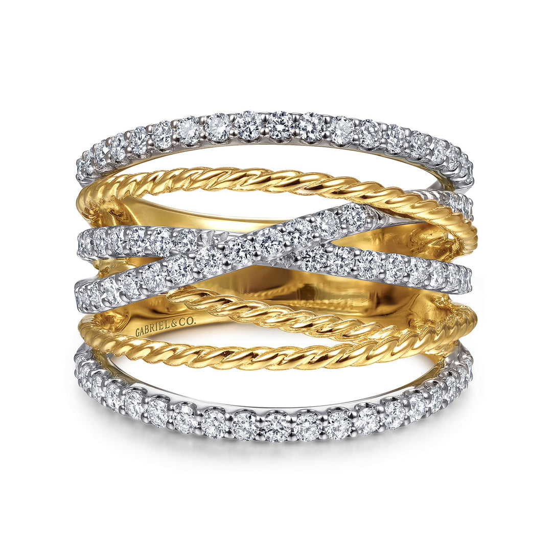 Gabriel & Co. LR51623M45JJ 14K White Yellow Gold Twisted Rope and Diamond Multi Row Ring