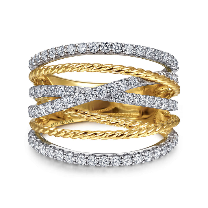 Gabriel & Co. LR51623M45JJ 14K White Yellow Gold Twisted Rope and Diamond Multi Row Ring