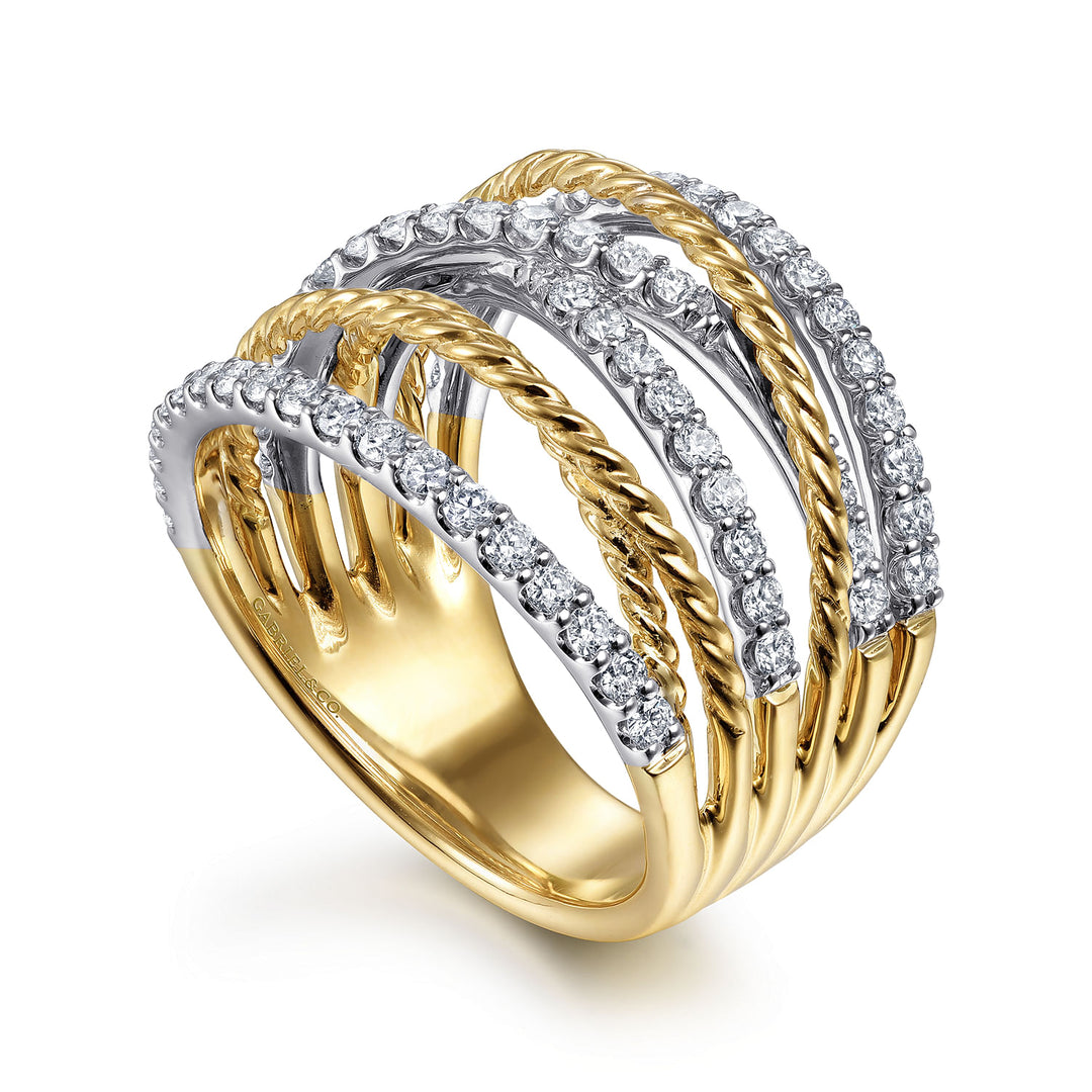 Gabriel & Co. LR51623M45JJ 14K White Yellow Gold Twisted Rope and Diamond Multi Row Ring