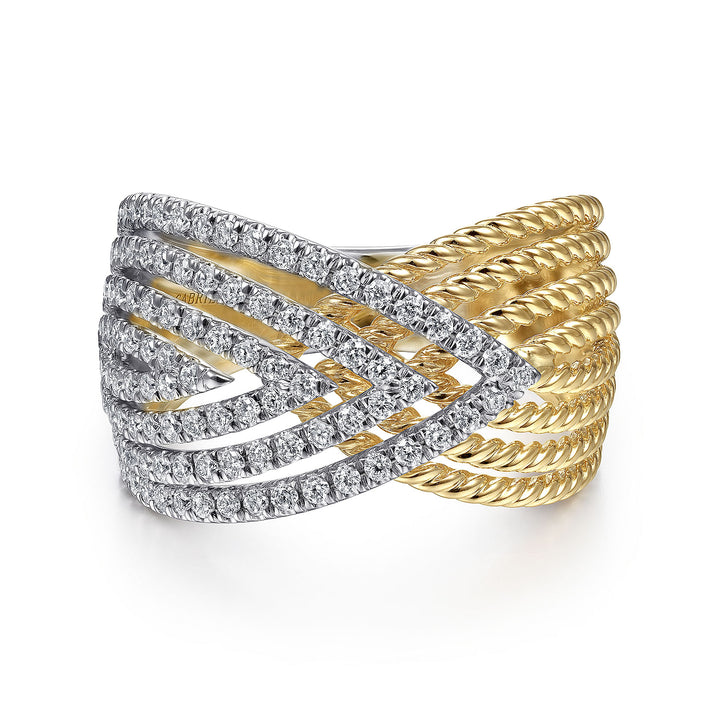 Gabriel & Co. LR51625M45JJ 14K White Yellow Gold Twisted Rope and Diamond Overlapping Triangle Ring