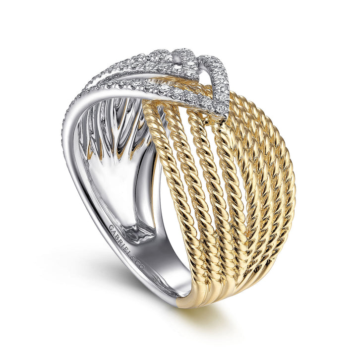 Gabriel & Co. LR51625M45JJ 14K White Yellow Gold Twisted Rope and Diamond Overlapping Triangle Ring
