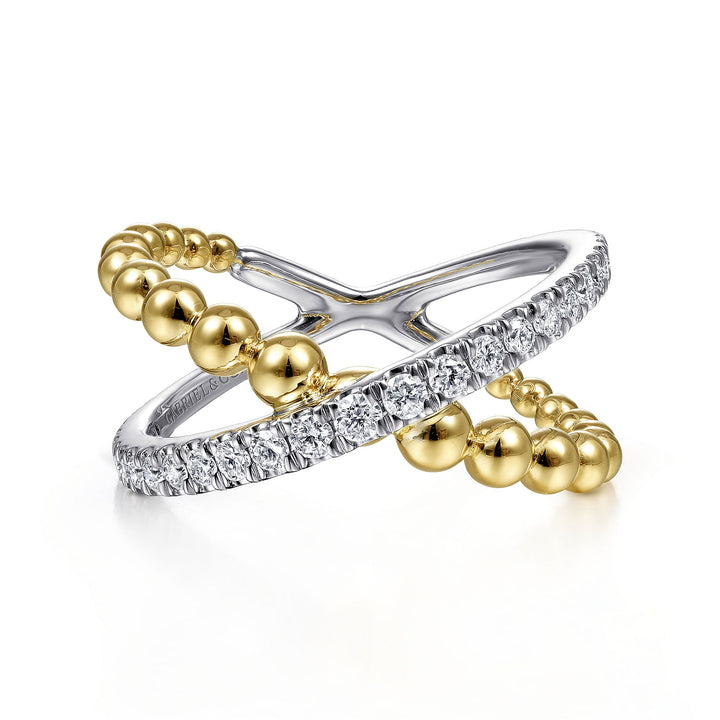 Gabriel & Co. LR51628M45JJ 14K White Yellow Gold Bujukan Diamond and Metal Bead Criss Cross Ring in size 10.8mm width