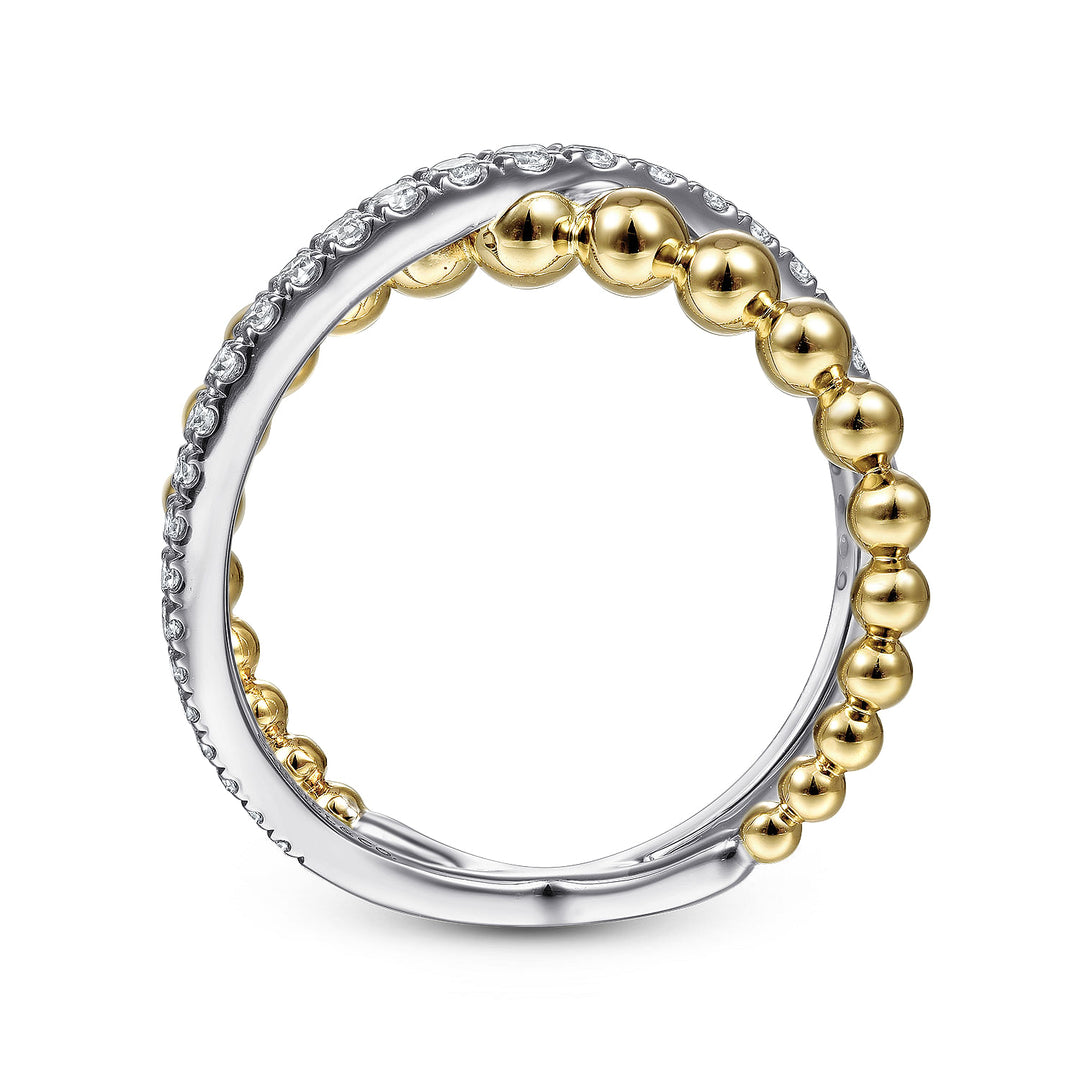 Gabriel & Co. LR51628M45JJ 14K White Yellow Gold Bujukan Diamond and Metal Bead Criss Cross Ring in size 10.8mm width