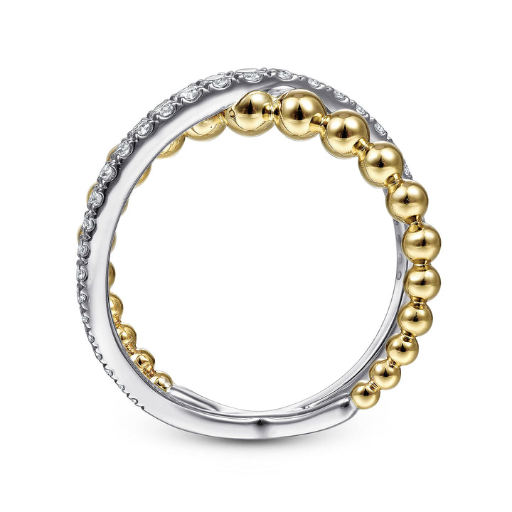 Gabriel & Co. LR51628M45JJ 14K White Yellow Gold Bujukan Diamond and Metal Bead Criss Cross Ring in size 10.8mm width