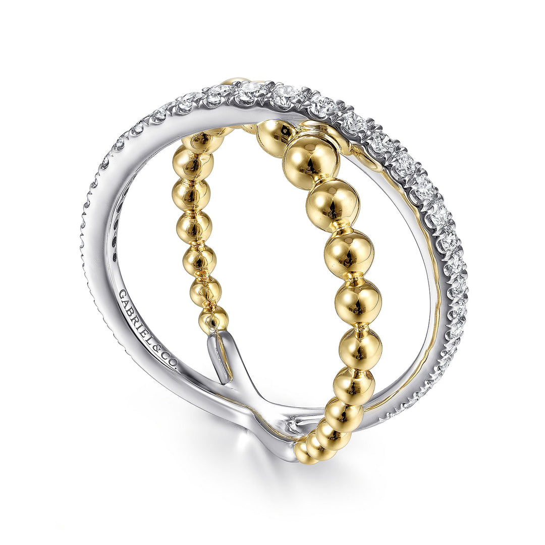 Gabriel & Co. LR51628M45JJ 14K White Yellow Gold Bujukan Diamond and Metal Bead Criss Cross Ring in size 10.8mm width