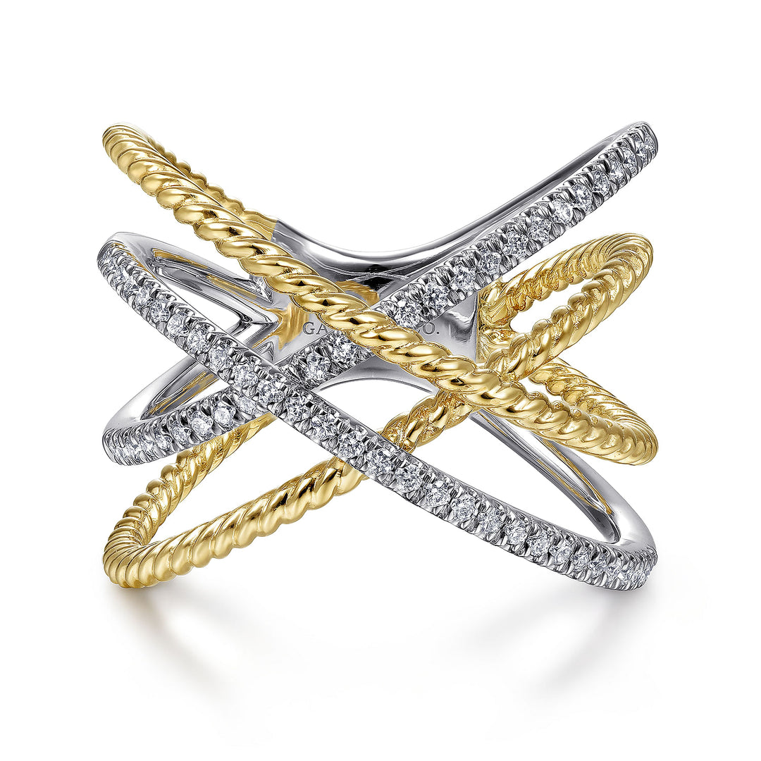 Gabriel & Co. LR51630M45JJ 14K White Yellow Gold Twisted Rope and Diamond Criss Cross Ring