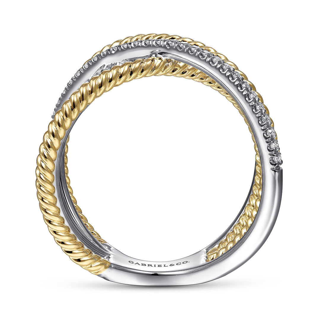 Gabriel & Co. LR51630M45JJ 14K White Yellow Gold Twisted Rope and Diamond Criss Cross Ring