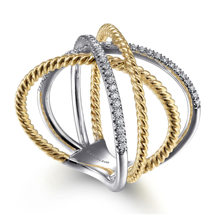 Gabriel & Co. LR51630M45JJ 14K White Yellow Gold Twisted Rope and Diamond Criss Cross Ring