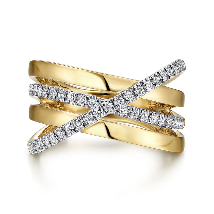 Gabriel & Co. LR51637M45JJ 14K White Yellow Gold Polished Band and Diamond Row Criss Cross Ring