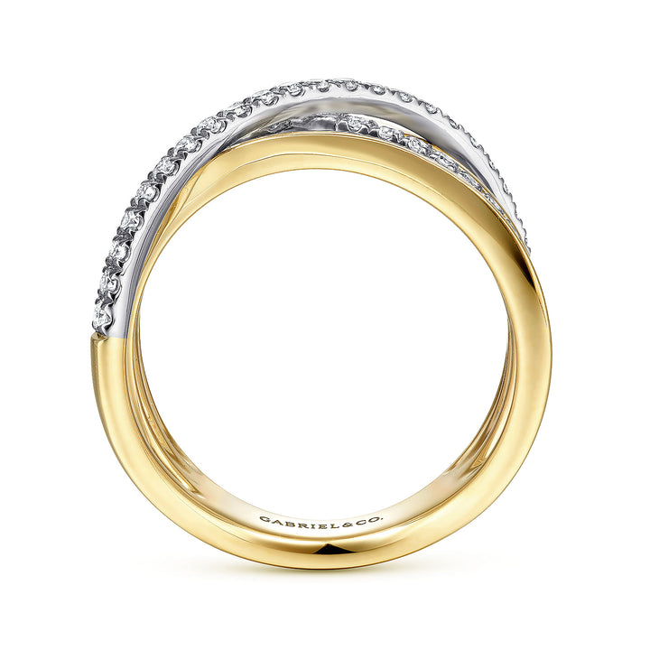 Gabriel & Co. LR51637M45JJ 14K White Yellow Gold Polished Band and Diamond Row Criss Cross Ring
