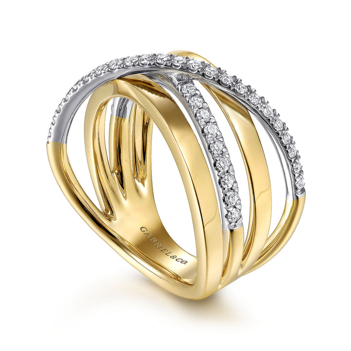 Gabriel & Co. LR51637M45JJ 14K White Yellow Gold Polished Band and Diamond Row Criss Cross Ring