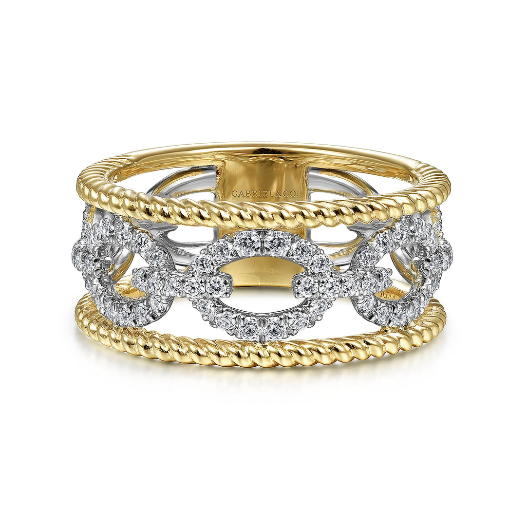 Gabriel & Co. LR51658M45JJ 14K White Yellow Gold Diamond Link and Twisted Rope Ring