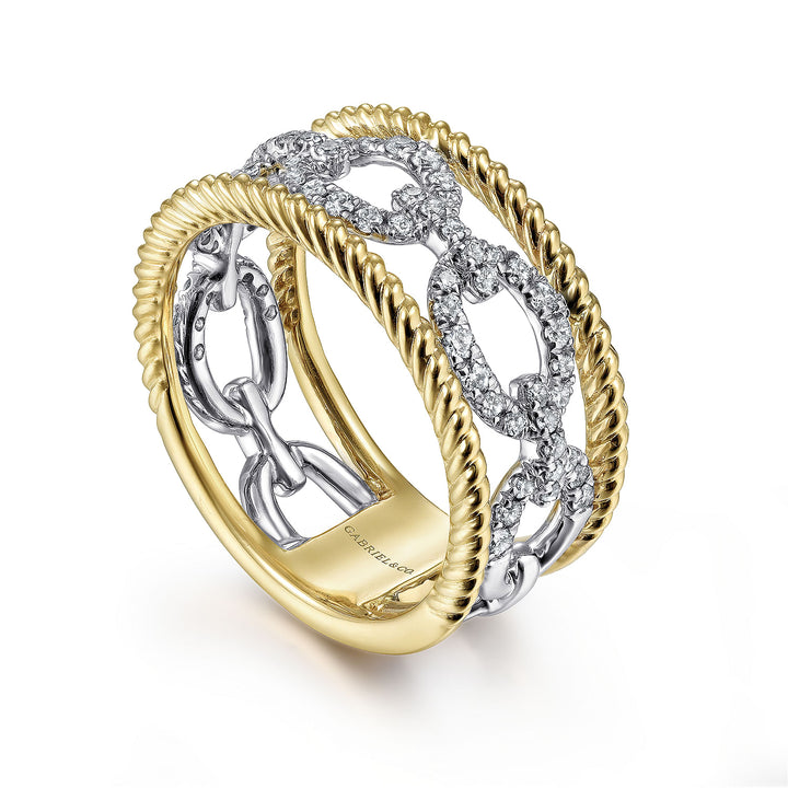 Gabriel & Co. LR51658M45JJ 14K White Yellow Gold Diamond Link and Twisted Rope Ring