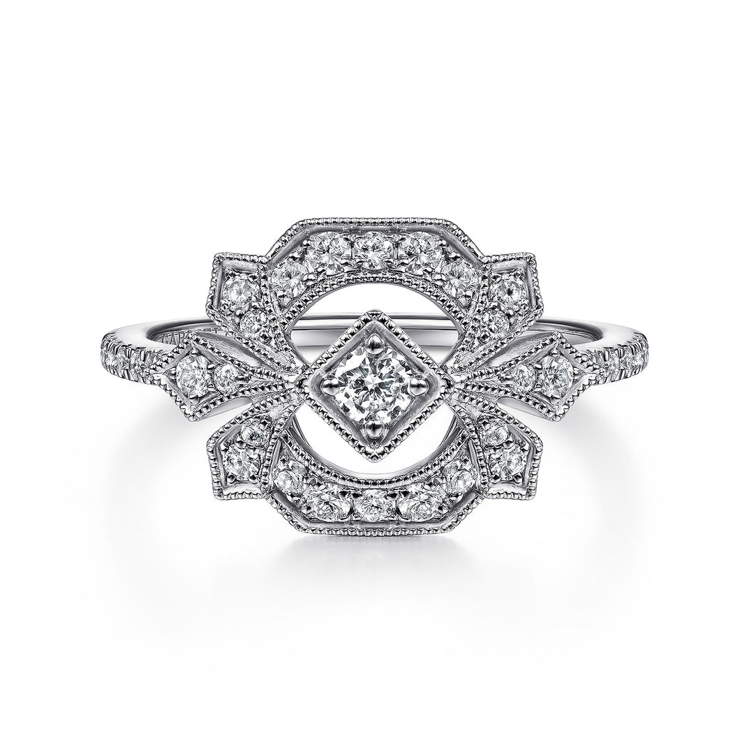 Gabriel & Co. LR51663W45JJ 14K White Gold Art Deco Floral Diamond Ring
