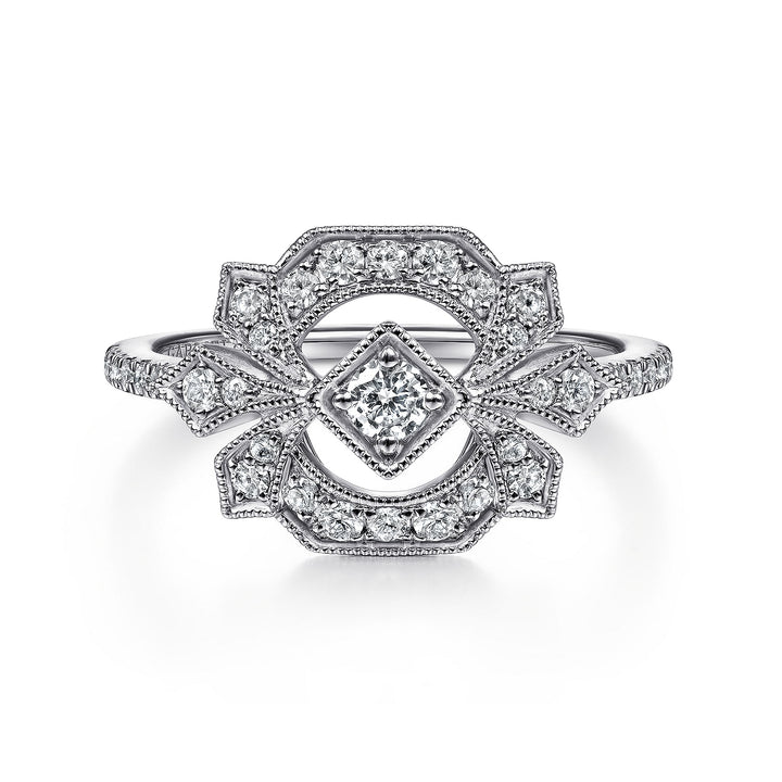 Gabriel & Co. LR51663W45JJ 14K White Gold Art Deco Floral Diamond Ring