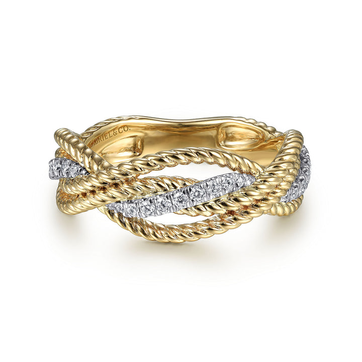 Gabriel & Co. LR51732M45JJ 14K White Yellow Gold Twisted Rope and Diamond Intersecting Ring
