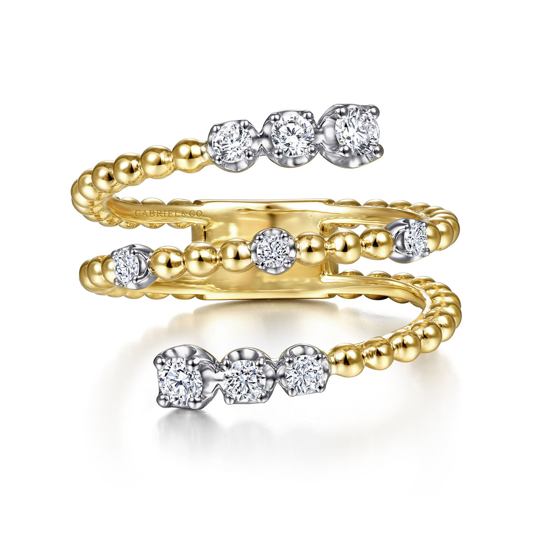 Gabriel & Co. LR51746M45JJ 14K White Yellow Gold Bujukan Ball and Diamond Open Bypass Wrap Ring with Butter Cup Setting in size 14.9mm width