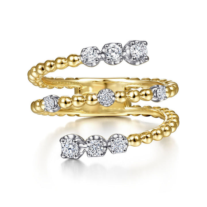 Gabriel & Co. LR51746M45JJ 14K White Yellow Gold Bujukan Ball and Diamond Open Bypass Wrap Ring with Butter Cup Setting in size 14.9mm width