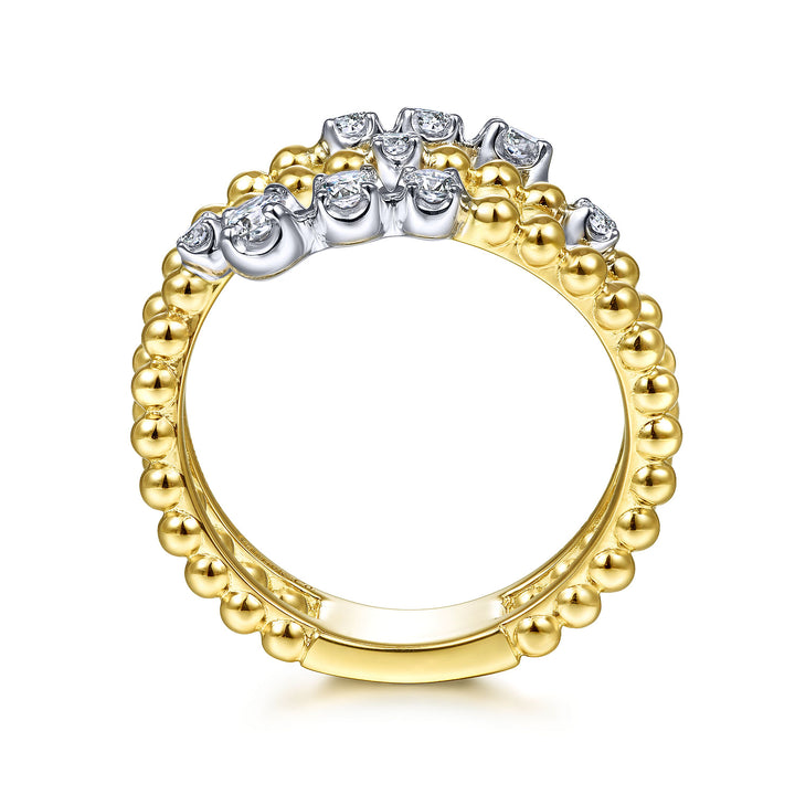 Gabriel & Co. LR51746M45JJ 14K White Yellow Gold Bujukan Ball and Diamond Open Bypass Wrap Ring with Butter Cup Setting in size 14.9mm width