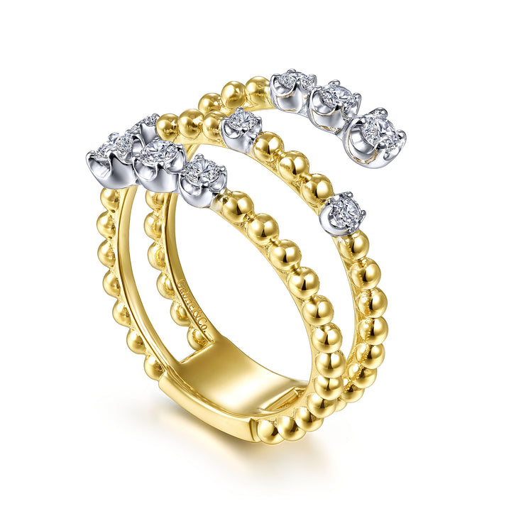 Gabriel & Co. LR51746M45JJ 14K White Yellow Gold Bujukan Ball and Diamond Open Bypass Wrap Ring with Butter Cup Setting in size 14.9mm width