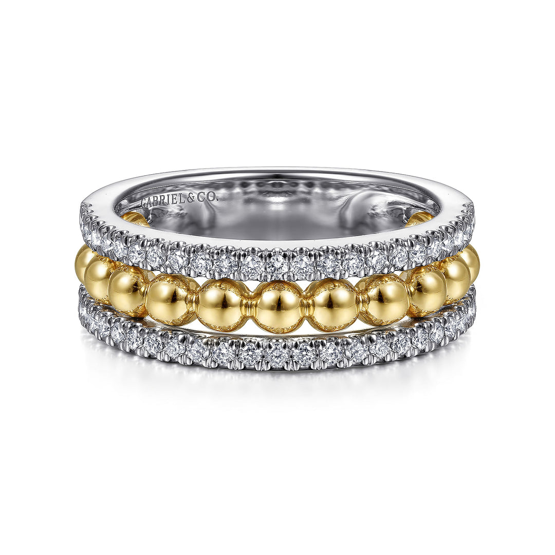 Gabriel & Co. LR51778M45JJ 14K White Yellow Gold Three Row Diamond and Bujukan Bead Center Ring
