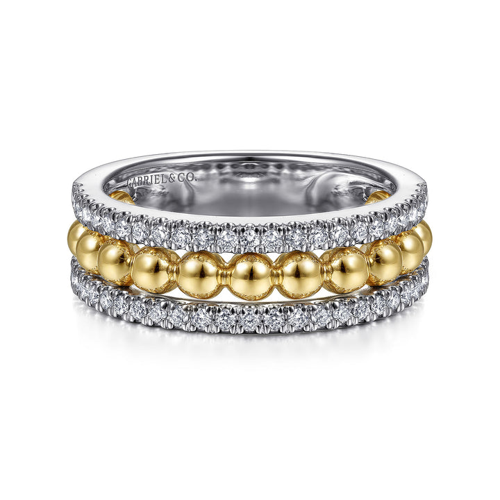 Gabriel & Co. LR51778M45JJ 14K White Yellow Gold Three Row Diamond and Bujukan Bead Center Ring