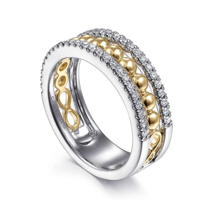 Gabriel & Co. LR51778M45JJ 14K White Yellow Gold Three Row Diamond and Bujukan Bead Center Ring