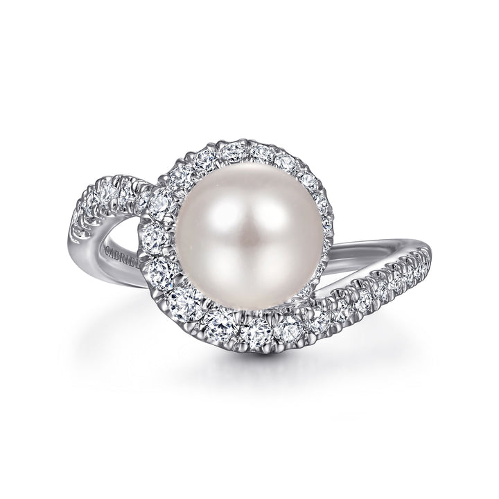 Gabriel & Co. LR51808W45PL 14K White Gold Pearl Ring with Curved Diamond Wrap Halo