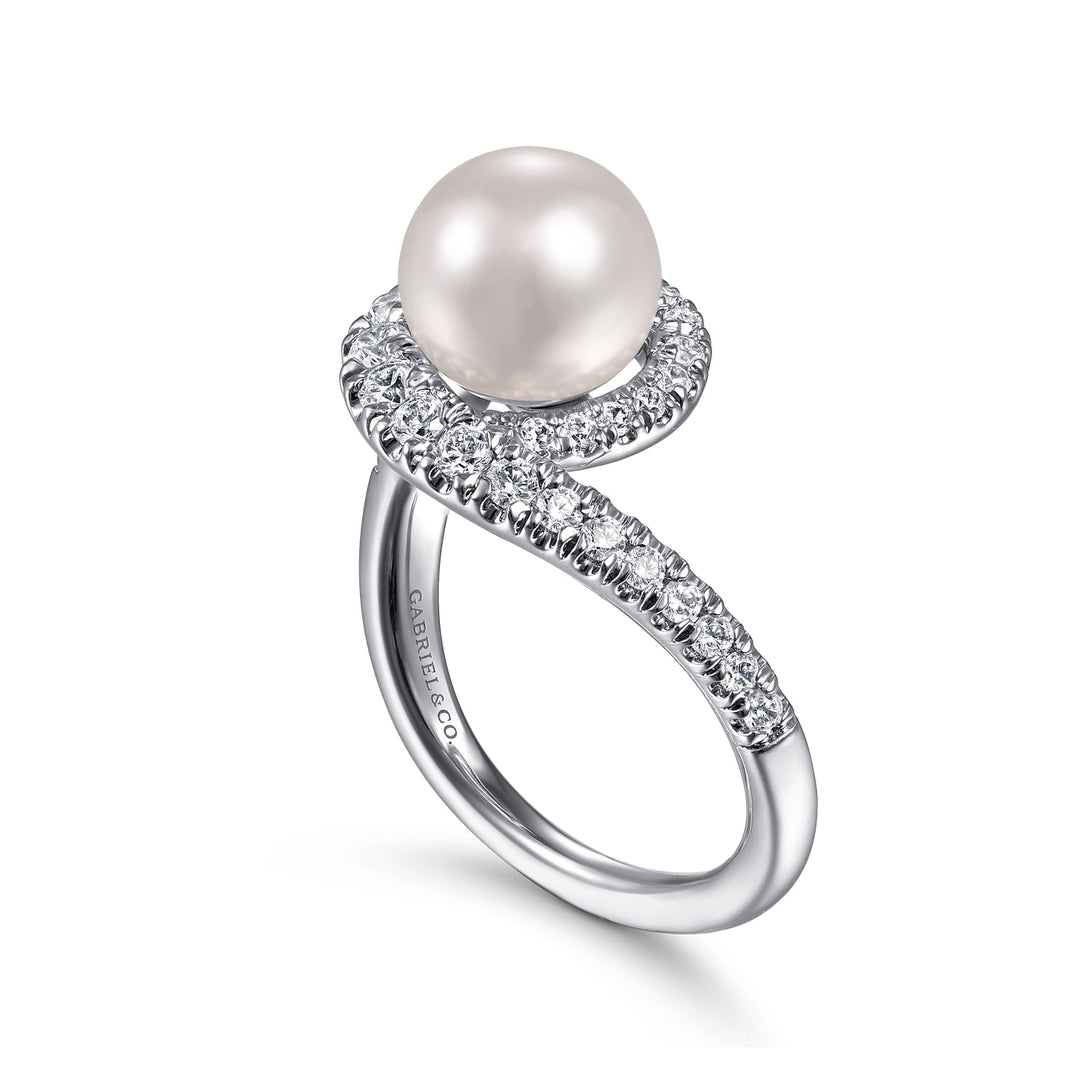 Gabriel & Co. LR51808W45PL 14K White Gold Pearl Ring with Curved Diamond Wrap Halo