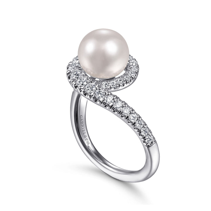 Gabriel & Co. LR51808W45PL 14K White Gold Pearl Ring with Curved Diamond Wrap Halo