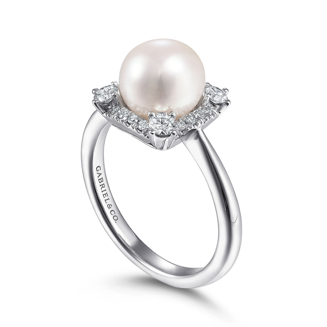 Gabriel & Co. LR51814W45PL 14K White Gold Pearl Ring with Diamond Halo