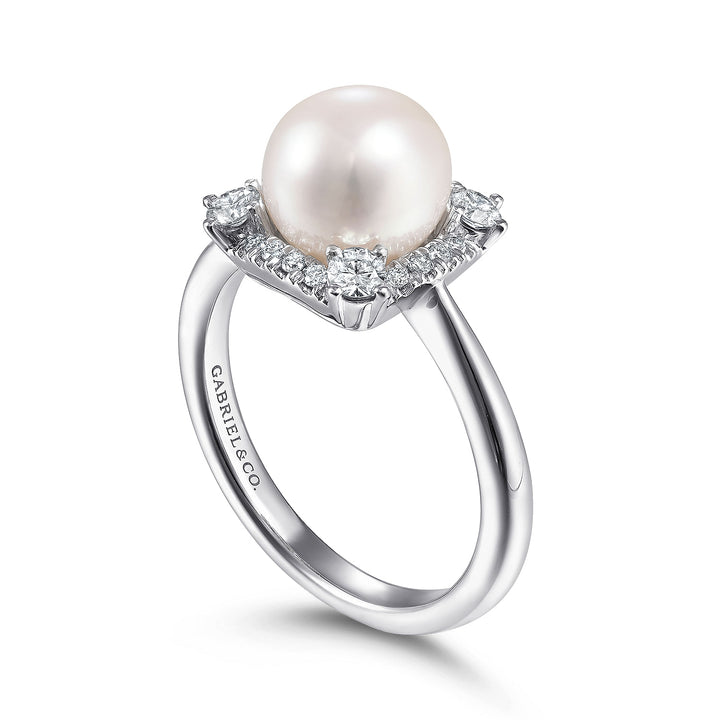 Gabriel & Co. LR51814W45PL 14K White Gold Pearl Ring with Diamond Halo