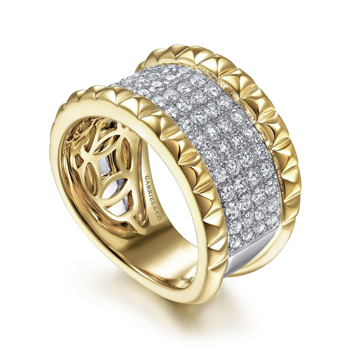 Gabriel & Co. LR51858M45JJ 14K White Yellow Gold Wide Diamond and Pyramid Ring