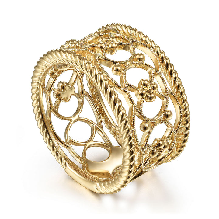 Gabriel & Co. LR51885Y4JJJ 14K Yellow Gold Twisted Rope and Bujukan Bead Wide Band Ring