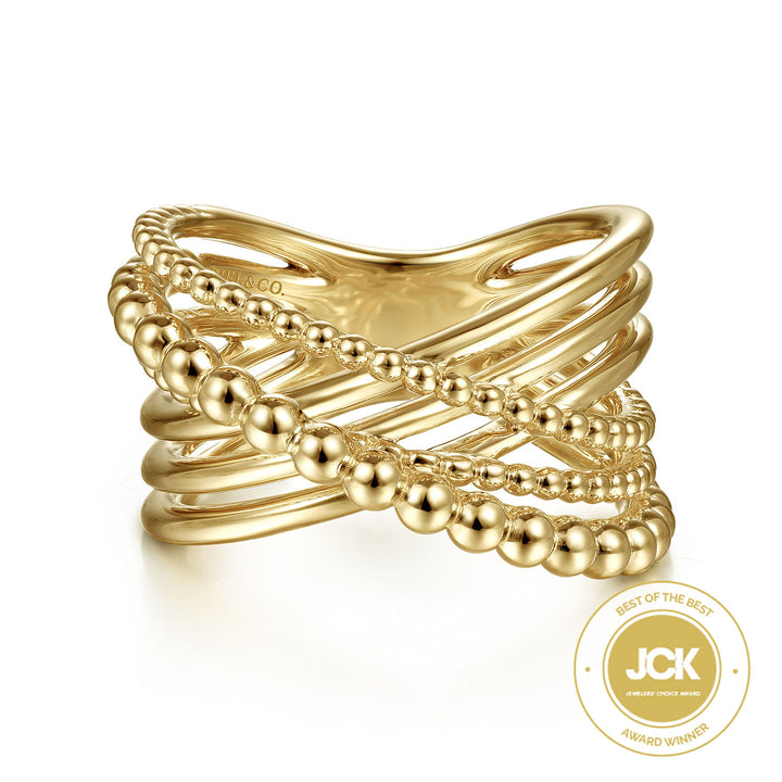 Gabriel & Co. LR51967Y4JJJ 14K Yellow Gold High Polished Bujukan Bead Criss Cross Ring