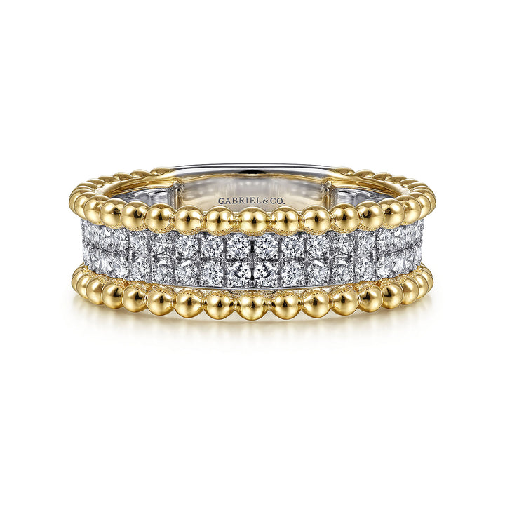 Gabriel & Co. LR52019M45JJ 14K White Yellow Gold Three Row Diamond and Bujukan Bead Ring