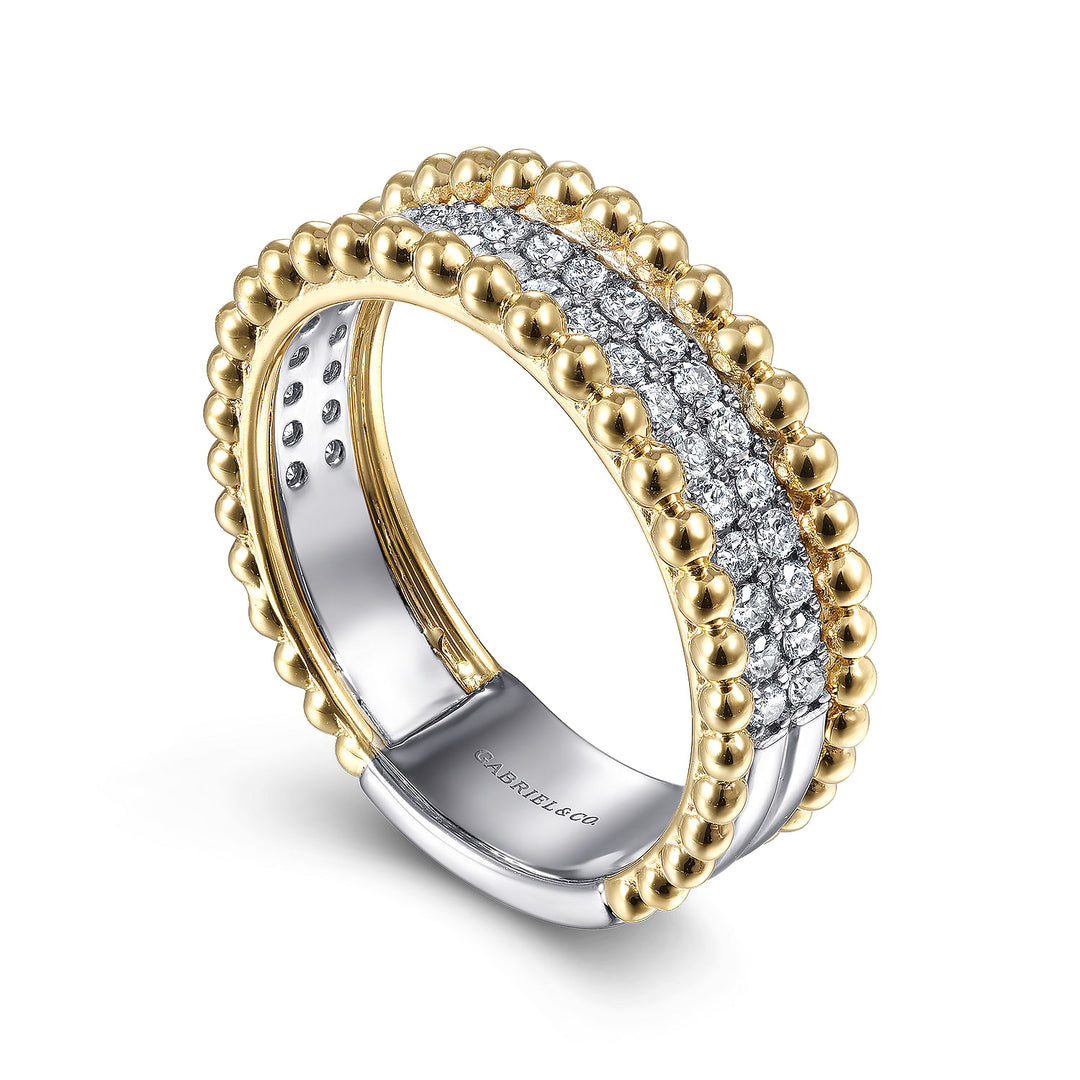 Gabriel & Co. LR52019M45JJ 14K White Yellow Gold Three Row Diamond and Bujukan Bead Ring