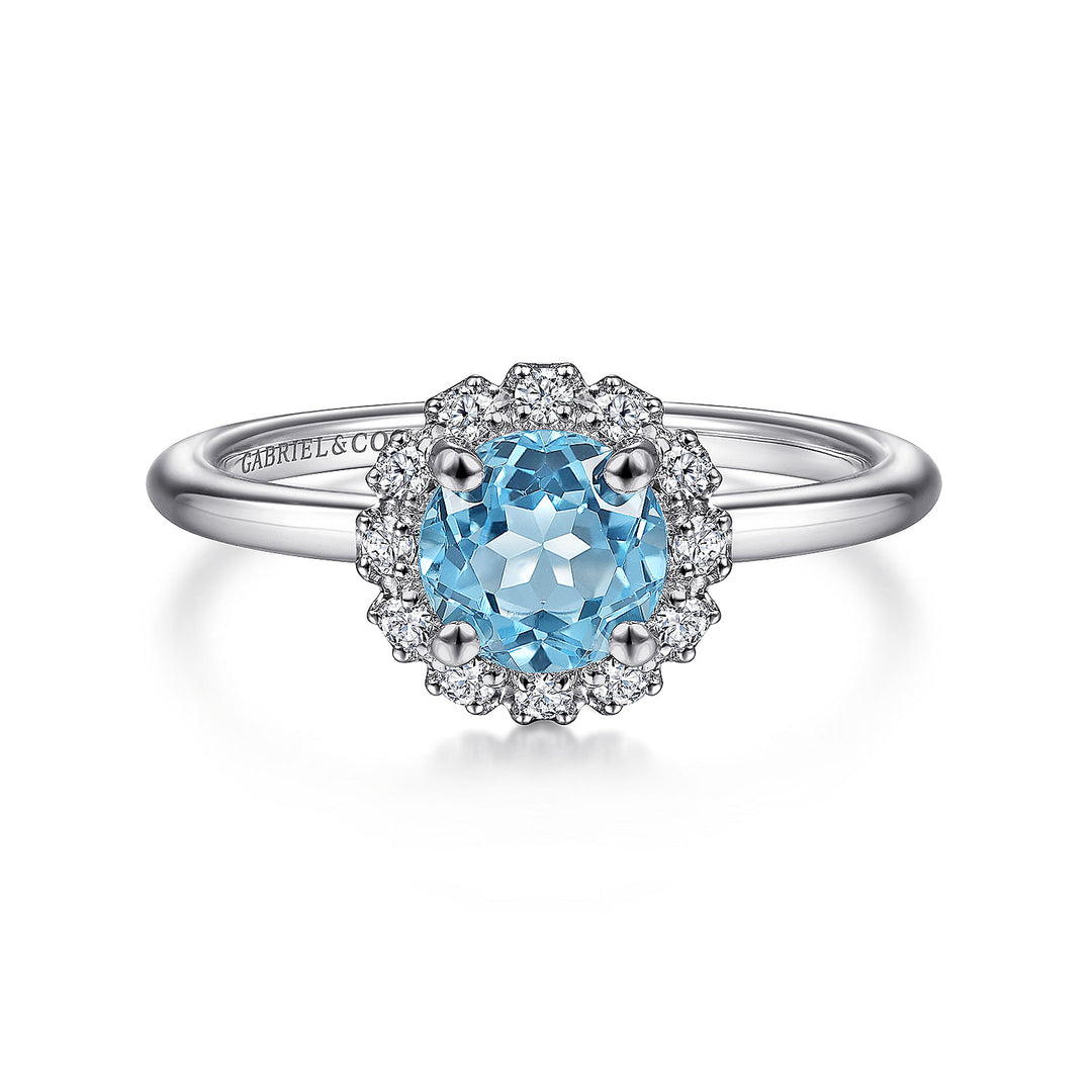 Gabriel & Co. LR52024W45BT 14K White Gold Round Blue Topaz and Diamond Halo Ring