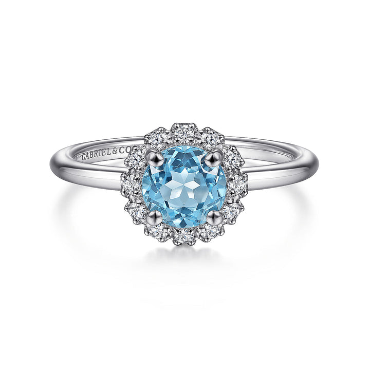 Gabriel & Co. LR52024W45BT 14K White Gold Round Blue Topaz and Diamond Halo Ring