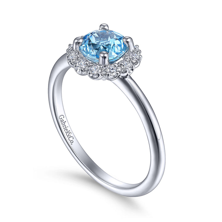 Gabriel & Co. LR52024W45BT 14K White Gold Round Blue Topaz and Diamond Halo Ring