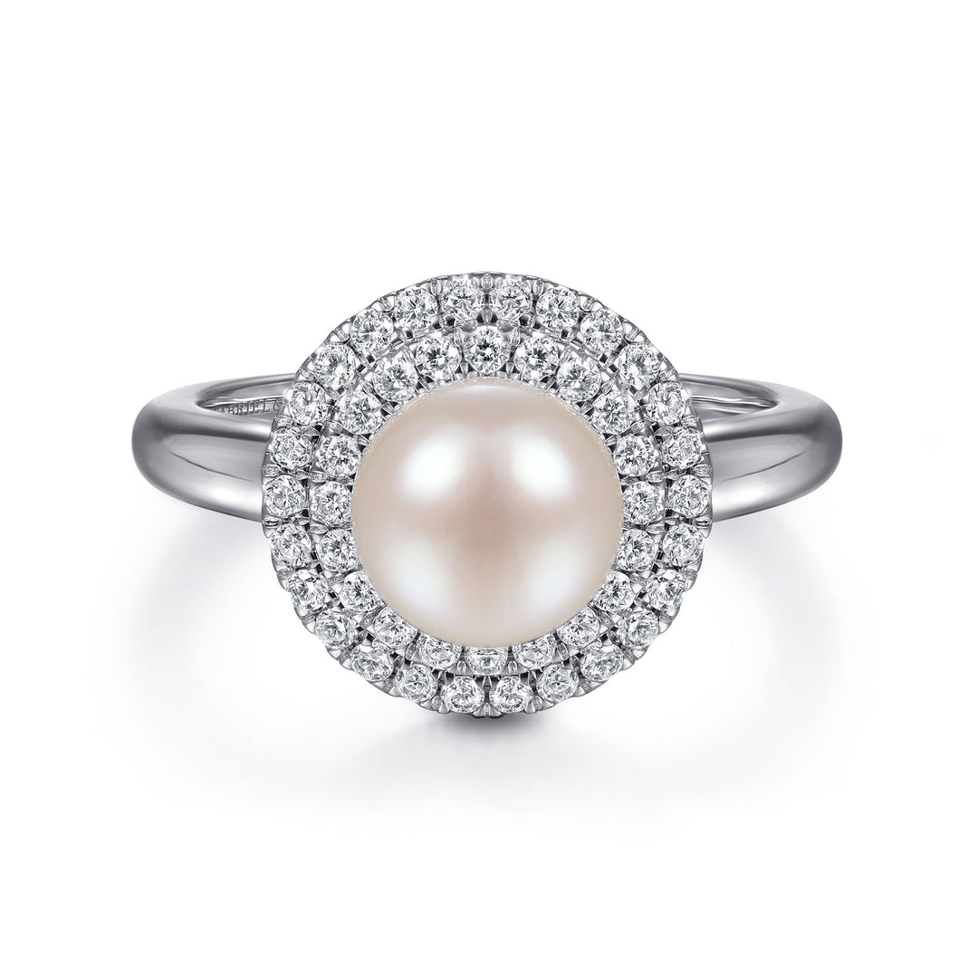 Gabriel & Co. LR52025W45PL 14K White Gold Pearl Ring with Diamond Double Halo