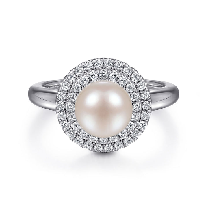 Gabriel & Co. LR52025W45PL 14K White Gold Pearl Ring with Diamond Double Halo