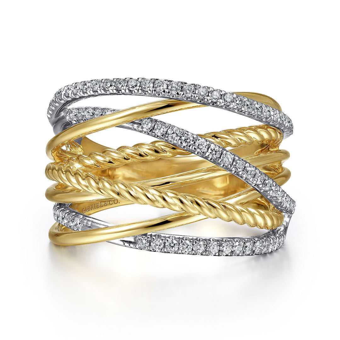 Gabriel & Co. LR52031M45JJ 14K White Yellow Gold Twisted Rope and Diamond Criss Cross Ring