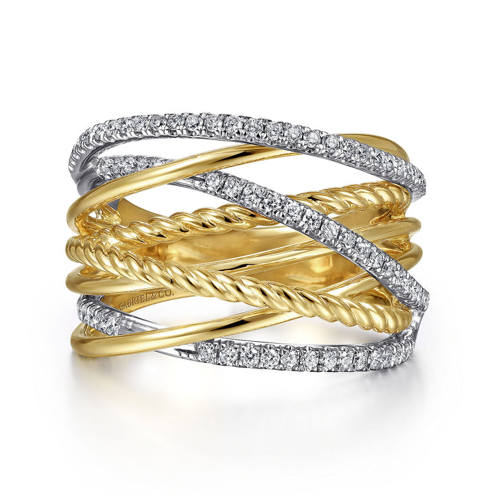 Gabriel & Co. LR52031M45JJ 14K White Yellow Gold Twisted Rope and Diamond Criss Cross Ring