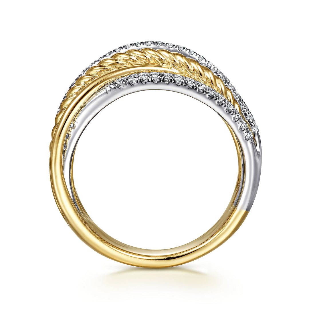 Gabriel & Co. LR52031M45JJ 14K White Yellow Gold Twisted Rope and Diamond Criss Cross Ring