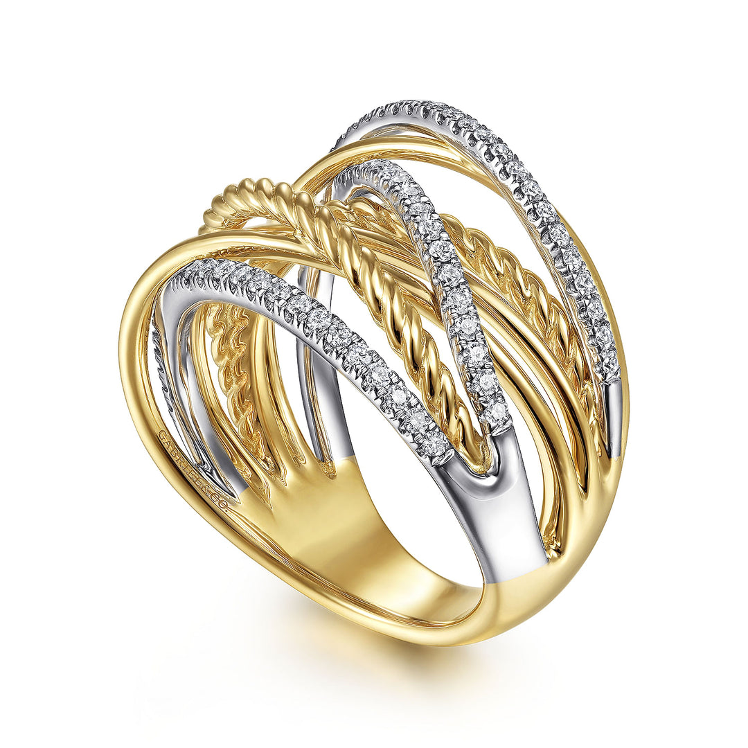 Gabriel & Co. LR52031M45JJ 14K White Yellow Gold Twisted Rope and Diamond Criss Cross Ring