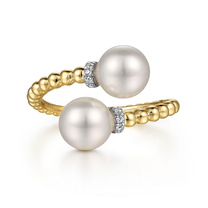 Gabriel & Co. LR52200M45PL 14K White Yellow Gold Diamond and Pearl Bujukan Bypass Ring