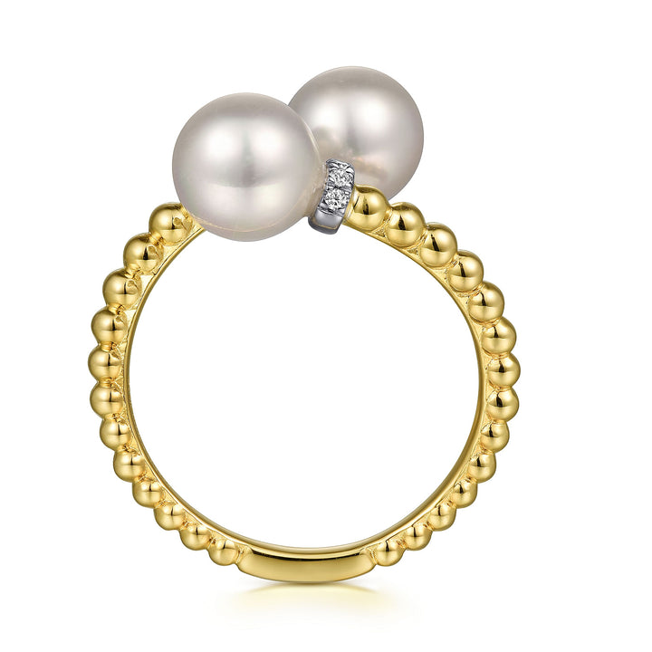 Gabriel & Co. LR52200M45PL 14K White Yellow Gold Diamond and Pearl Bujukan Bypass Ring
