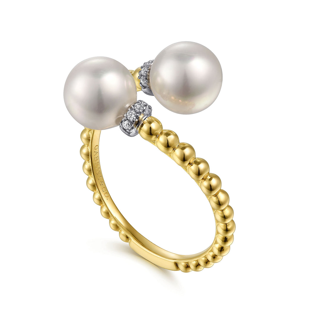 Gabriel & Co. LR52200M45PL 14K White Yellow Gold Diamond and Pearl Bujukan Bypass Ring