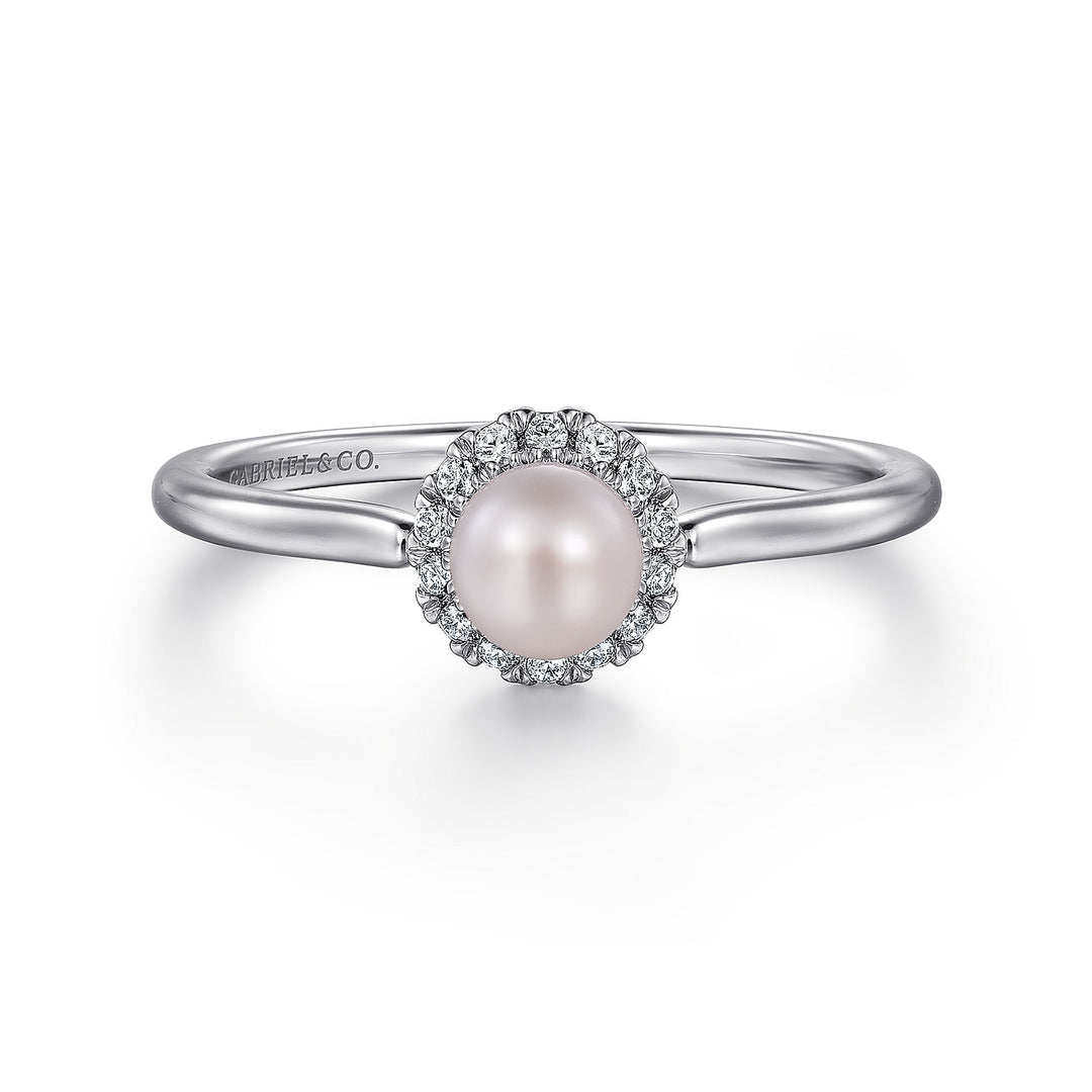 Gabriel & Co. LR52419W45PL 14K White Gold Pearl Ring with Diamond Halo